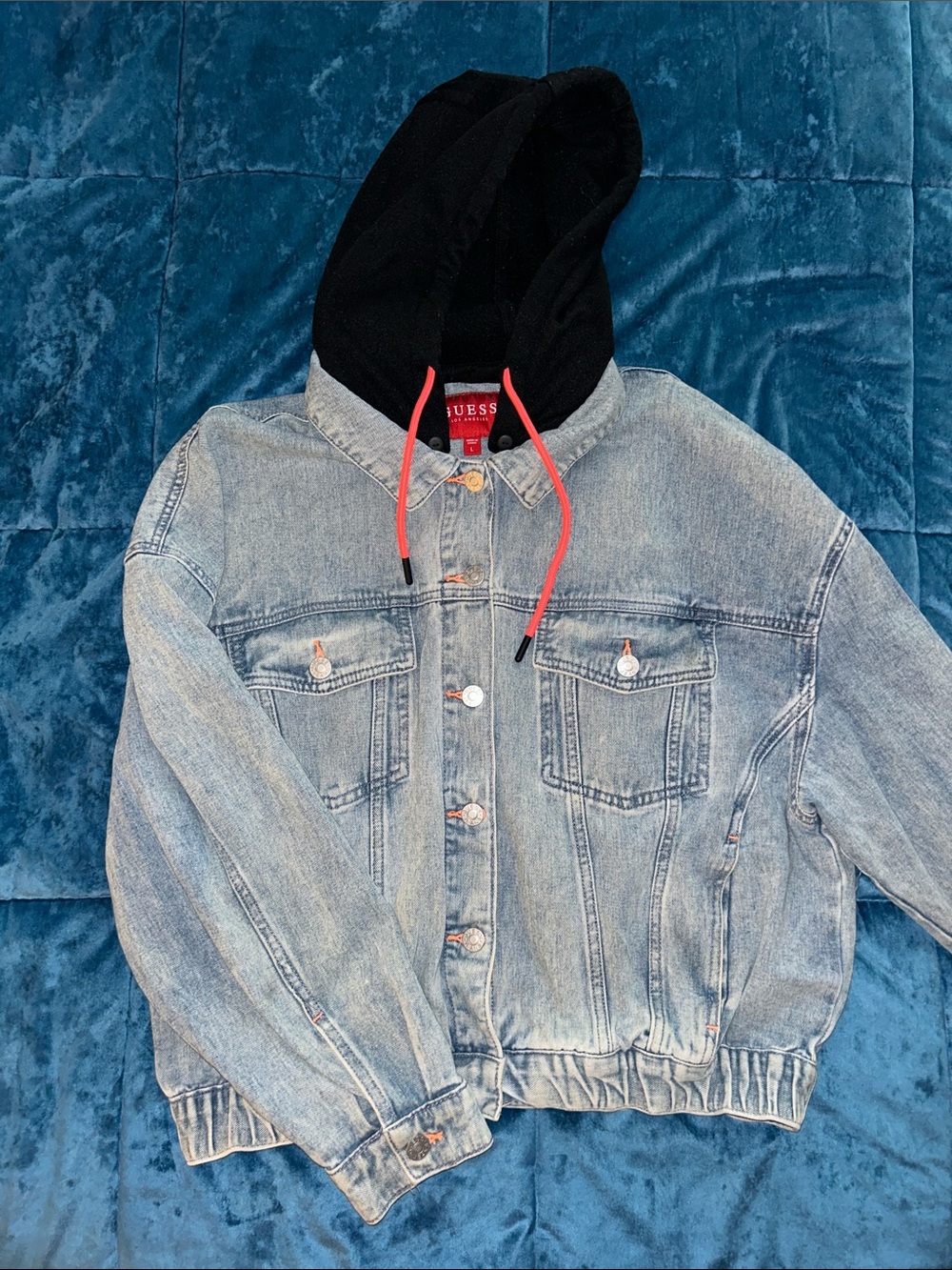 GUESS Light Blue Denim Jacket with Black Hood and Red Drawcords